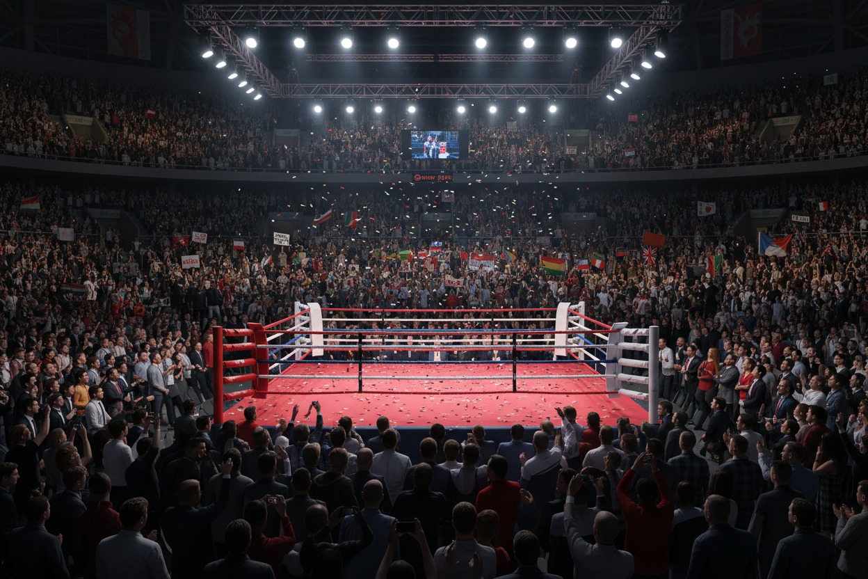 Ringue de boxe vazio no centro de uma arena lotada com confetes caindo sobre o público.